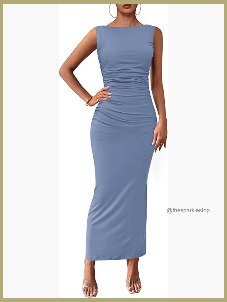 Sleeveless Ruched Bodycon Midi Dress With Back Slit